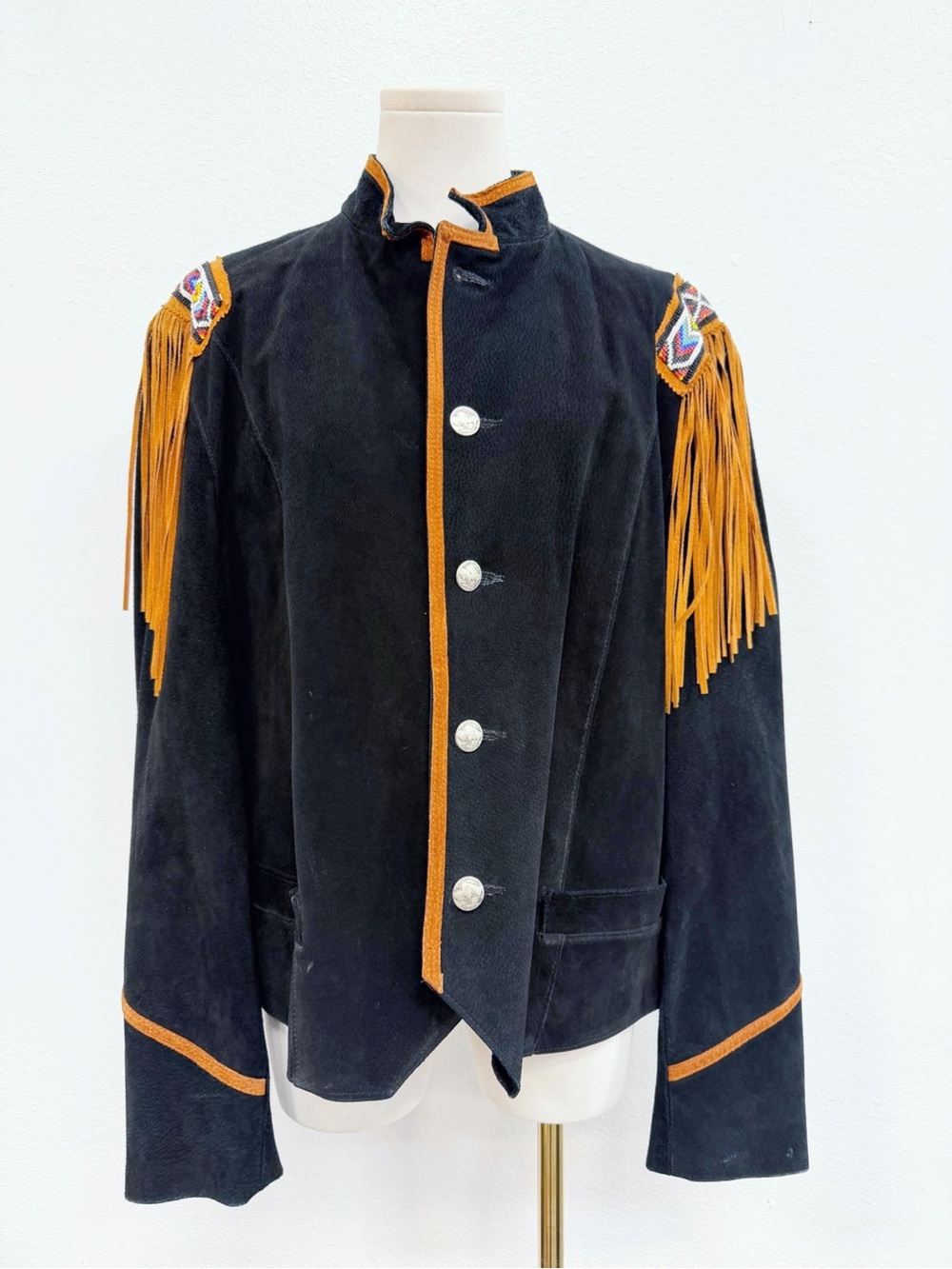 Vintage Frontier Black Suede fringe Jacket with headed shoulder size L